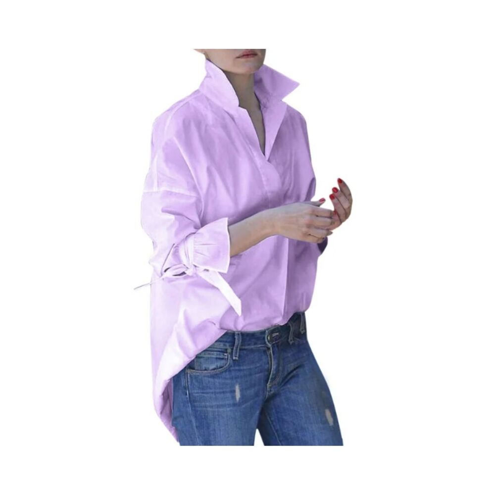 Women's Spring Long Sleeve Casual Shirt Top Lapel Blouse Work Office Purple M